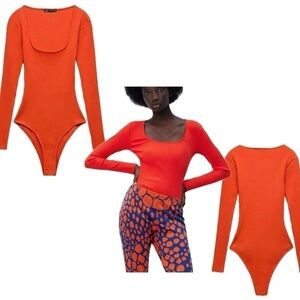 Zara red ribbed long sleeve round neck knit bodysuit Sz M NWT